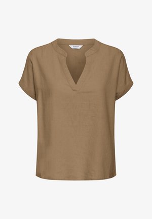 Brun kortærmet bluse med udskæring ved halsen og løs pasform, lavet af letvægtsstof.