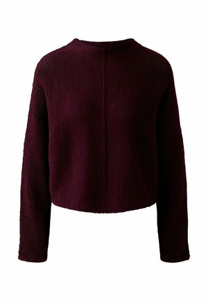 Burgunderfarbener, kurzer Pullover mit langen Ärmeln, gestrickter Textur, Rundhalsausschnitt und einer zentralen Nahtdetails auf der Rückseite. Leichtes Material, lockere Passform.