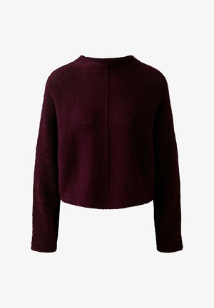 Burgunderfarbener, kurzer Pullover mit langen Ärmeln, gestrickter Textur, Rundhalsausschnitt und einer zentralen Nahtdetails auf der Rückseite. Leichtes Material, lockere Passform.