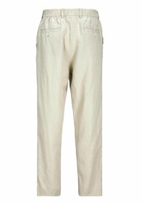 Lichtbeige linnen broek met een elastische tailleband, rechte pijpen, twee achterzakken en een gladde textuur. Eenvoudig en functioneel ontwerp.