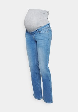 Graviditetsjeans i lyseblå denim med en grå elastisk talje. Jeansene har en lige pasform og standard fem-lomme design.