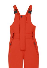 Klart orange snöoveraller med justerbara axelremmar, dragkedjefickor och en iögonfallande logotyp. Tillverkade av ett slitstarkt, väderbeständigt material.