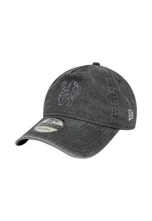 Dunkelgraue verstellbare Baseballkappe mit weißem Löwenemblem vorne und einem New Era-Logo an der Seite.