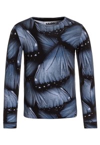 Långärmad skjorta med ett mönster av blå och svarta fjärilsvingar, tillverkad av mjukt tyg, med rund hals och en smal passform.
