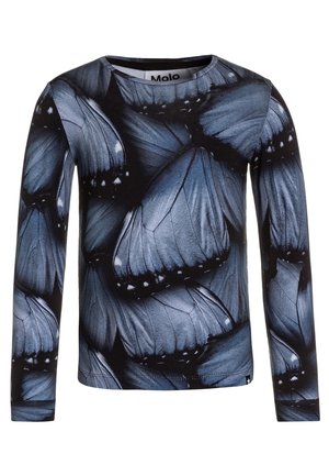 Chemise à manches longues avec un motif de ailes de papillon bleu et noir, fabriquée en tissu doux, avec un col rond et une coupe ajustée.