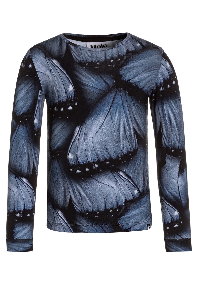 Långärmad skjorta med ett mönster av blå och svarta fjärilsvingar, tillverkad av mjukt tyg, med rund hals och en smal passform.