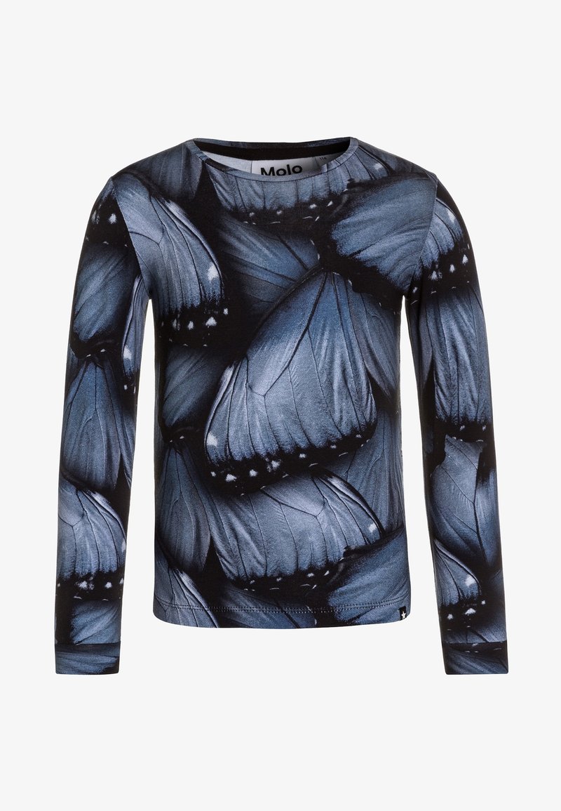 Halenka s dlouhým rukávem s modro-černým vzorem motýlích křídel, vyrobená z měkké tkaniny, s kulatým výstřihem a slim fit střihem.