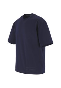 Navy blue short-sleeve t-shirt made of soft cotton fabric. Features a crew neck and minimalistic branding at the bottom hem.