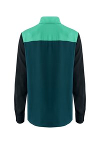 Long-sleeve shirt featuring a black body, dark green lower half, and a bright green upper section with a collar and buttoned cuffs.