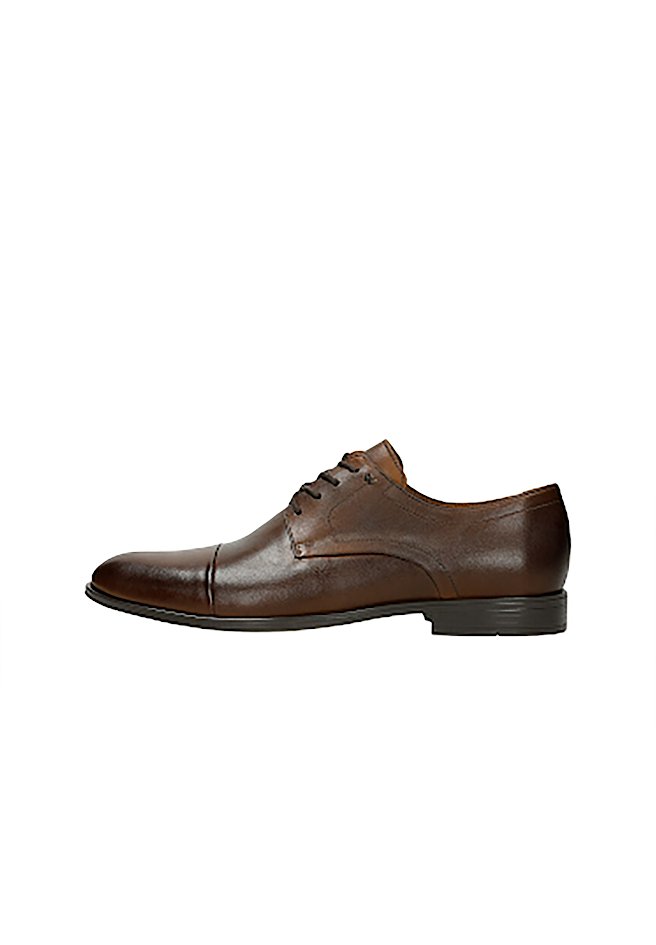 Scarpe eleganti in pelle marrone con una finitura liscia, punta rotonda e lacci a cinque occhielli. Suola in gomma nera a profilo basso.