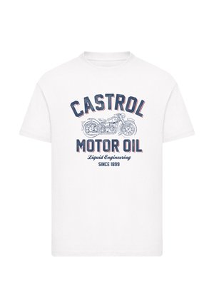 White cotton t-shirt featuring a screen-printed graphic of a motorcycle and text "CASTROL MOTOR OIL" in blue and red. Simple crew neck design.