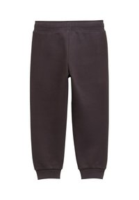 Mörkgrå sweatpants med ribbat midjeband och mudd. Tyget verkar slätt och mjukt med en enkel, odekorerad design.