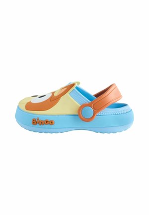 Children's blue and yellow clog with orange adjustable heel strap and a cartoon dog's face on the top, labeled "Bingo" on the side.