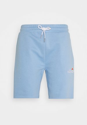 Lichtblauwe knielange korte broek met een witte tailleband met trekkoord en een klein wit-oranje logo op de linker dij.