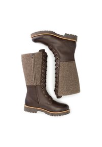 Bruine leren laarzen tot de knie met een bovenstuk van vilt, vetersluiting aan de voorkant en rits. Gecoate rubberen zolen met contrasterende stiksels.