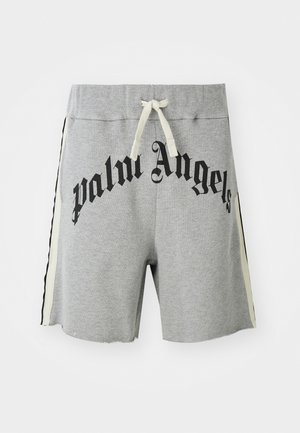 Light grey casual shorts with cream drawstring, black and cream side stripes, and large black "palm angels" text across front.