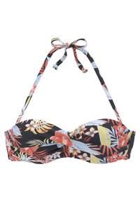 Top bikini floreale su sfondo nero, con motivi tropicali rossi, gialli e blu. Ha spalline regolabili e un design frontale intrecciato.