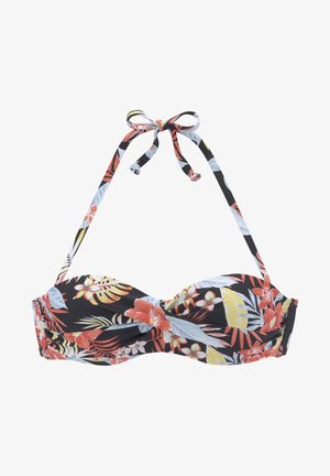 Cvetni bikini top z črnim ozadjem, ki vsebuje tropske vzorce v rdeči, rumeni in modri barvi. Ima nastavljive naramnice in zasnovo s zvitem spredaj.