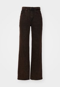 Jeans castanhos de perna larga feitos de denim com cintura alta, apresentando bolsos frontais, passantes para cinto e um acabamento texturizado.