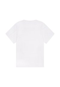 Camisa de algodón blanca con cuello redondo y mangas cortas, que presenta un diseño liso y una textura suave, vista desde la parte de atrás.