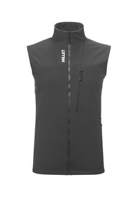 Ärmellose dunkelgraue Weste aus Softshell-Material mit hohem Kragen, durchgehendem Reißverschluss, zwei seitlichen Taschen und einem Logo auf der Vorderseite.