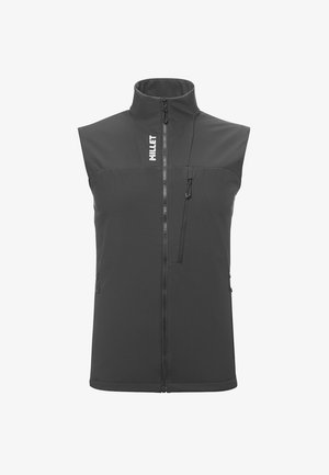 Sleeveless dark gray vest made from softshell material, featuring a high collar, full zip, two side pockets, and a logo on the front.