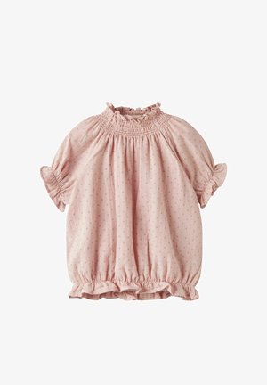 Roza otroški pajac s kratkimi napihnjenimi rokavi, rebrastim ovratnikom, majhnim vzorcem pik in nabranim elastičnim robom na manšetah in spodnjem delu.