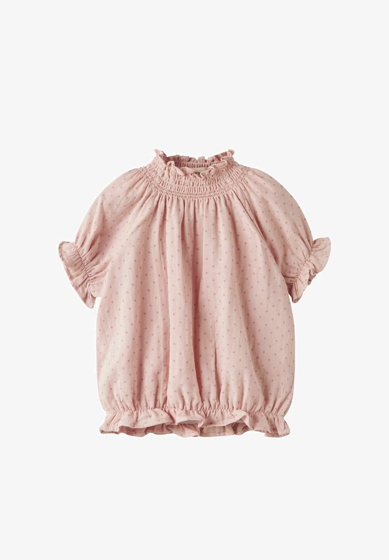 Ružový detský overal s krátkymi naberanými rukávmi, nariaseným golierom, drobným bodkovaným vzorom a elastickým nariasením na manžetách a leme.