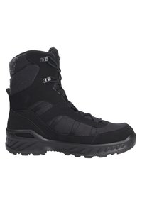 Bottines de randonnée noires avec un dessus en tissu texturé, orteil renforcé et semelle axée sur la traction. Comprend des œillets métalliques et un col rembourré.