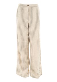 Pantaloni a gamba larga in tessuto beige con strisce verticali nere, dotati di chiusura con bottone frontale e tasche laterali. Materiale morbido e con texture.