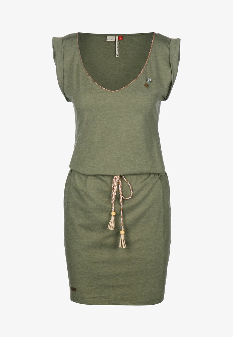 Olijfgroene jurk van zacht katoen, met een V-hals, korte mouwen, taille met trekkoord en beige kwastjes, en een subtiel logodetail.