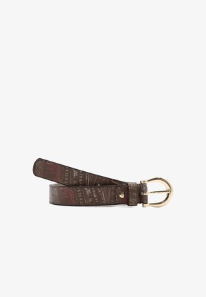 Cintura in pelle marrone con motivi stampati, fibbia color oro e texture liscia. Lunghezza regolabile con dettaglio di chiusura a scatto.