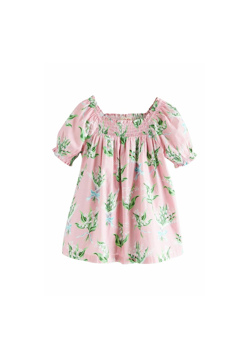 Rosa floral bedrucktes Oberteil mit kurzen Puffärmeln, gerafftem Ausschnitt und lockerem Schnitt. Verfügt über grüne Blätter und blaue Akzente im Muster.