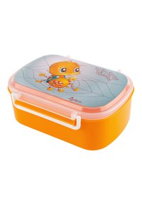 Plastic lunchbox with orange body, transparent pink lid. Features a cartoon character illustration on top. Secure white clasps on sides.
