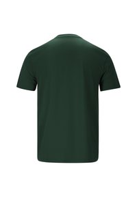 Donkergroen T-shirt met korte mouwen, van achteren bekeken, met een ronde hals en een eenvoudig, effen ontwerp.