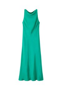 Mouwloze, vloerlange smaragdgroene jurk met een hoge halslijn en gladde, vloeiende stof.