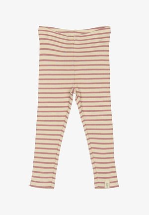 Kreemja värviga triibulised retuusid, millel on horisontaalne roosa ja lavendlivärvi triip, valmistatud soonikust kangast, sobiva disainiga ja elastse vöökohtaga.