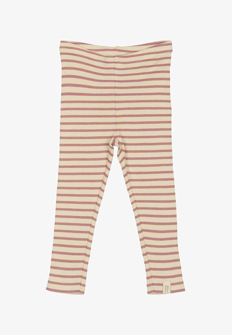 Črtaste legice v kremenčastem odtenku, z vodoravnimi rožnatimi in sivimi črtami, narejene iz rebraste tkanine s prilegajočim se krojem in elastičnim pasom.