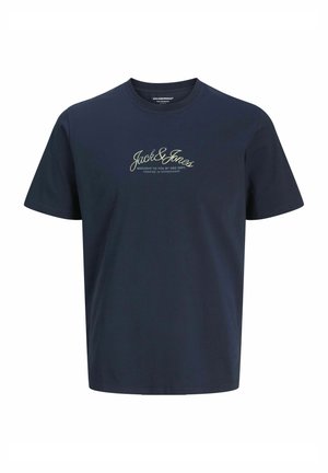 T-shirt in cotone blu navy con collo a giro e maniche corte. Presenta un logo stampato in edizione limitata di colore verde chiaro sul petto.