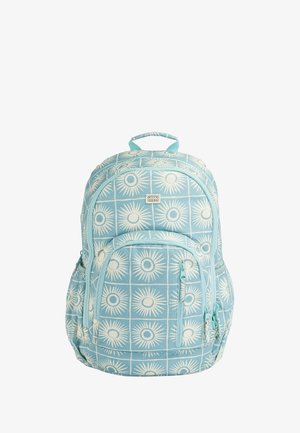 Sac à dos en tissu bleu avec un motif de rayons de soleil. Comprend plusieurs compartiments zippés, une poignée supérieure et des bretelles rembourrées.
