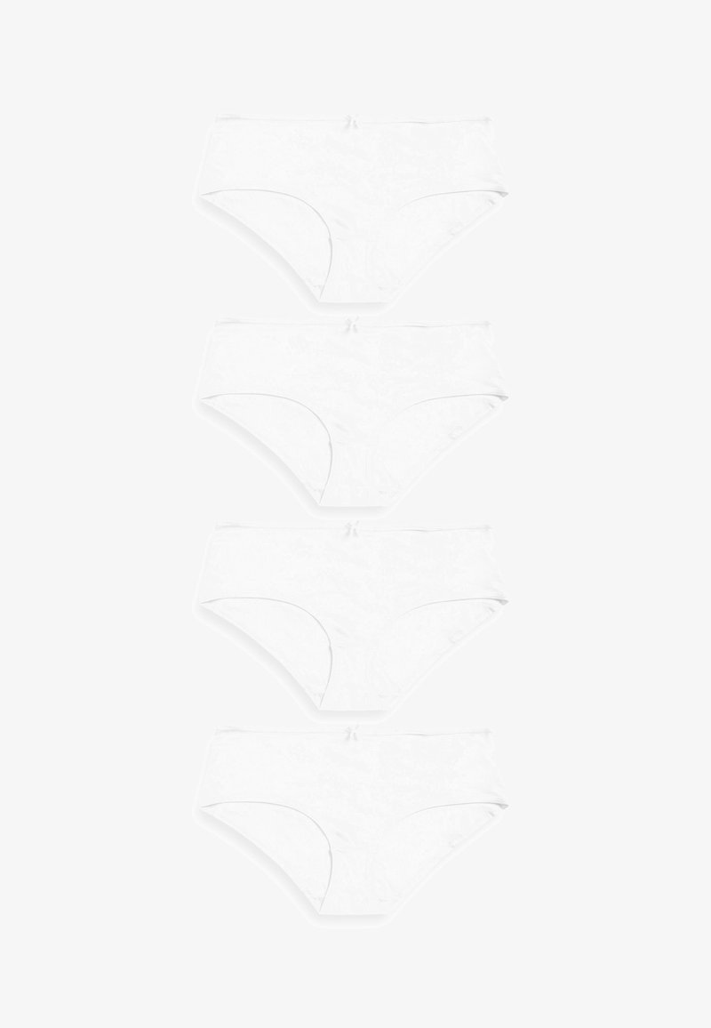 Valkoiset puuvillaiset hipster-pikkupöksyt, neljä paria. Ominaisuudet yksinkertainen muotoilu, jossa on ompeluyksityiskohtia. Pehmeä rakenne ja mukava istuvuus. Ei kuvioita tai koristeita.