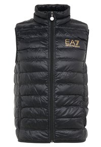 Musträpõhise must puffervest, kõrge krae, esi tõmblukk ja küljetaskud. Omab tikitud mustrit ja kuldset EA7 logo vasakul rinnal.