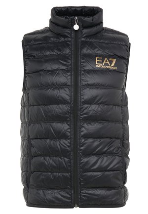 Črn napihnjen brezrokavnik z visokim ovratnikom, sprednjim zadrgo in stranskimi žepi. Ima prešito zasnovo in zlato EA7 logo na levem prsnem delu.