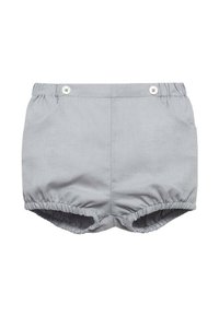 Světle šedé bavlněné šortky s elastickým pasem, dvěma předními kapsami a nařasenými lemy pro balónový tvar. Bílé knoflíkové detaily na pase.