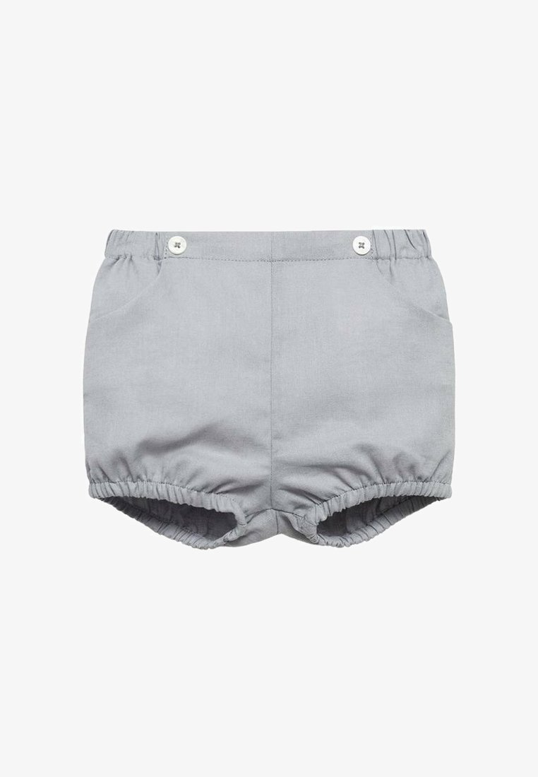 Light gray cotton shorts with elastic waistband, two front pockets, and gathered hems for a balloon shape. White button accents at waistband.