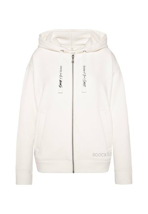 Weißer Reißverschluss-Hoodie aus weichem Stoff, mit Kapuze, vorderen Taschen und aufgedrucktem Text auf den Kordeln und dem Saum. Einfaches, lässiges Design.