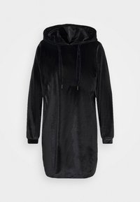 Abito felpa nero con cappuccio realizzato in tessuto morbido, con maniche lunghe, cordino nel cappuccio e design rilassato.