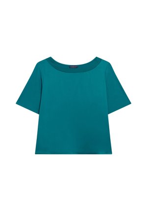 Teal kortesleeve top met een brede ronde hals. Gemaakt van een gladde stof, met een ontspannen pasvorm en een minimalistisch ontwerp zonder patronen.
