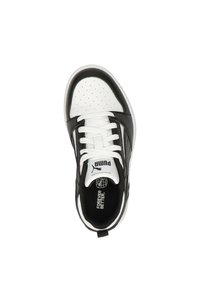 Schwarze und weiße Sneaker mit Obermaterial aus synthetischem Leder, durchlöchertem Zehenbereich, flachen Schnürsenkeln und Gummisohle. Merkmale sind ein Logo auf der Zunge und der Innensohle.