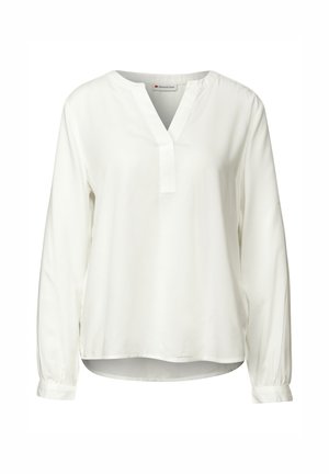 Biała bluzka z długim rękawem, z dekoltem w kształcie litery V i plisą, o luźnym kroju i ściągaczach przy mankietach, wykonana z gładkiego, lekkiego materiału.